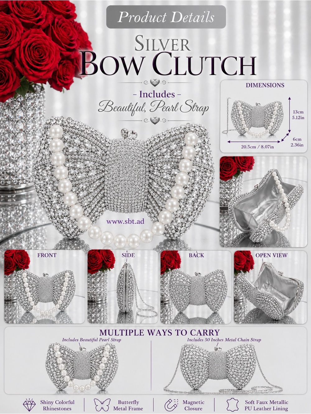 NEW Bow Clutch Purse Sparkling Bling Crystal Rhinestone Bag With Pearl Strap - Picture 3 of 17